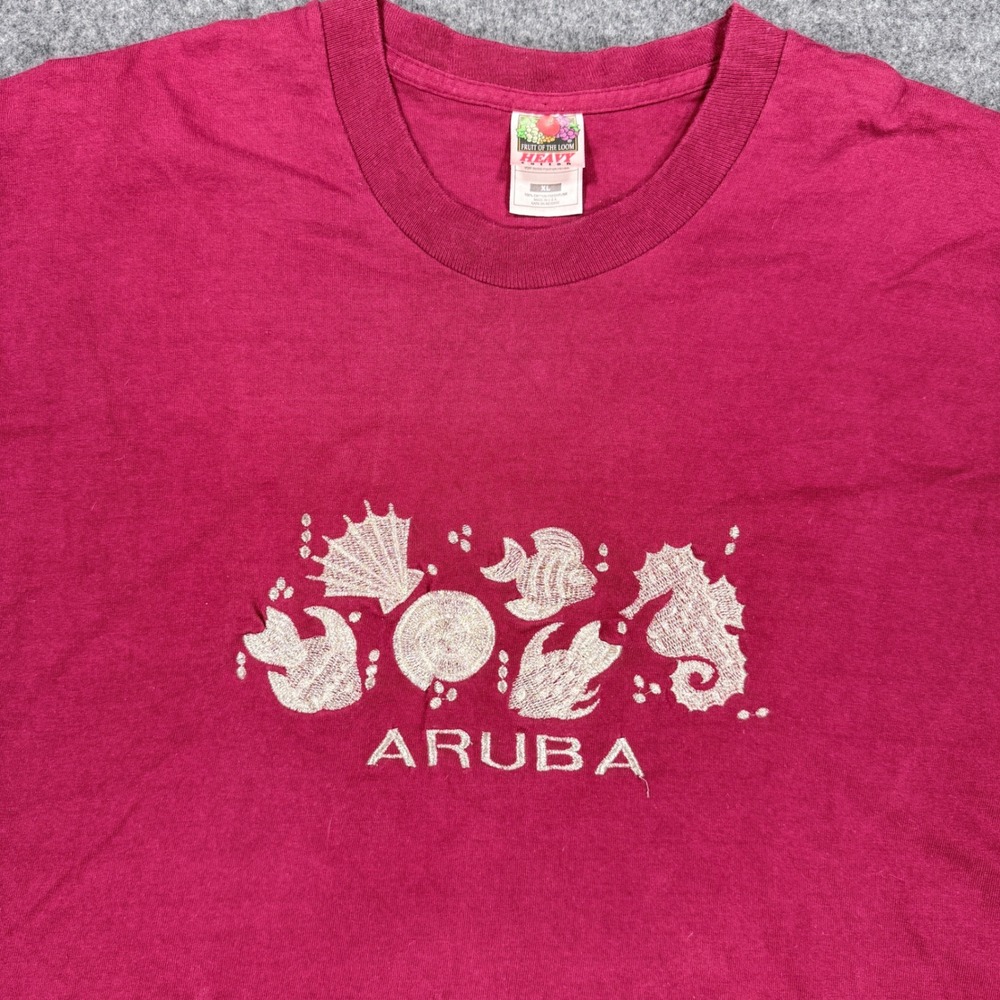 Vintage Fruit of the Loom Aruba Sea Life Puff Print T-Shirt XL Maroon 90s USA